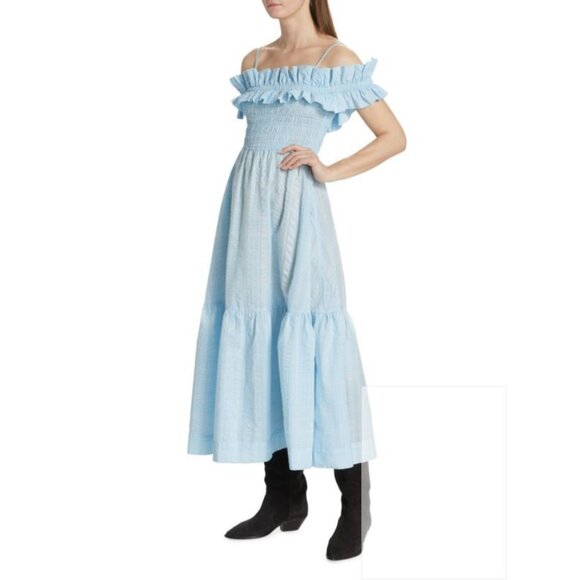 NEW Ganni Size 38 (US 6) Women's Seersucker Smocked Maxi Dress - Ice Water - Picture 5 of 6